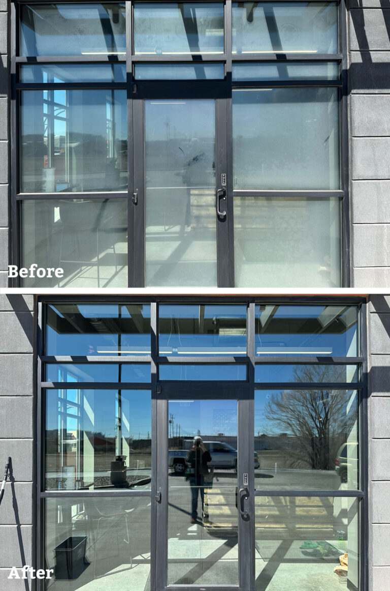 Commercial glass doors before and after cleaning